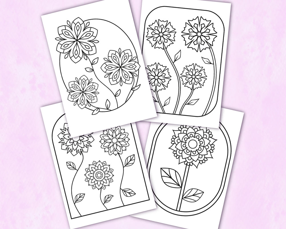 Four simple mandala flower coloring pages.