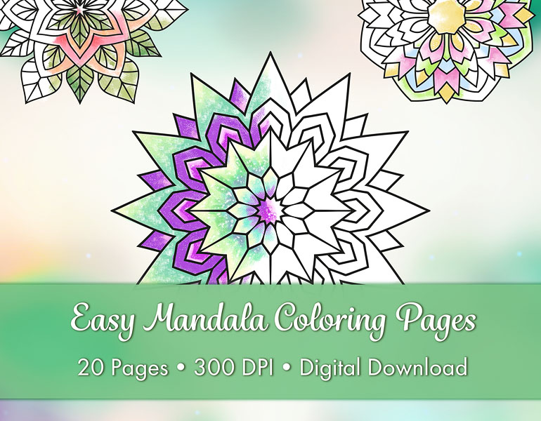 Half colored mandalas. Text on the image says: easy mandala coloring pages, 20 pages, 300 DPI, digital download.
