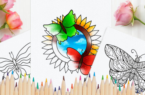 Three different butterfly coloring pages side to side with coloring pencils at the bottom.