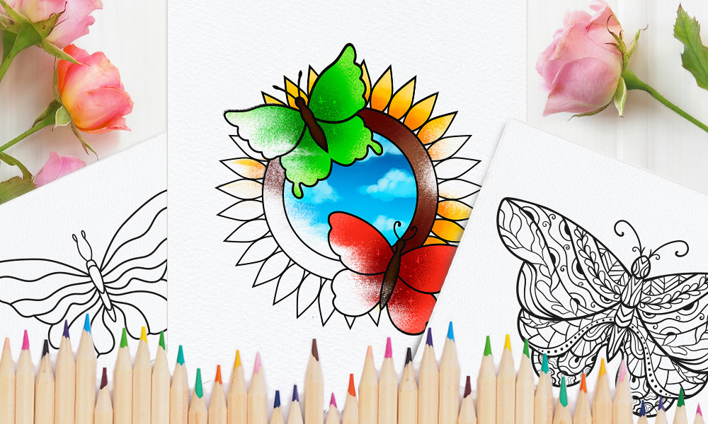 Three different butterfly coloring pages side to side with coloring pencils at the bottom.