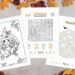 Three different fall and Halloween-themed activity pages on a background with leaves. There is a coloring page of a witch, fall and Halloween word search and a maze.