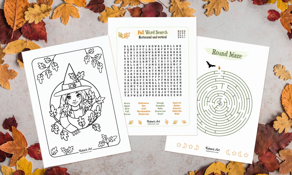 Three different fall and Halloween-themed activity pages on a background with leaves. There is a coloring page of a witch, fall and Halloween word search and a maze.