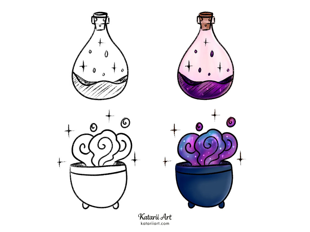 Lineart and colored versions of a potion and a cauldron drawing.