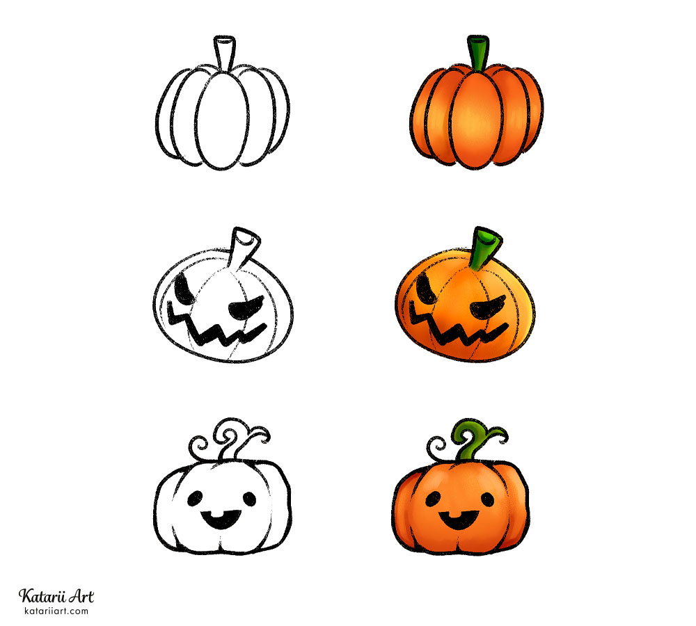 A Halloween-themed drawing idea: three different pumpkins.