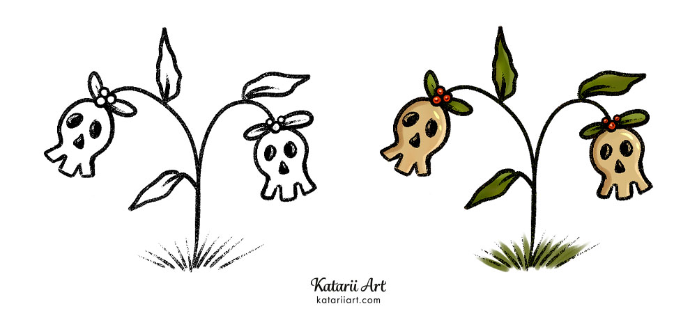 Fall drawing idea: a plant design that has cute skulls as flowers.