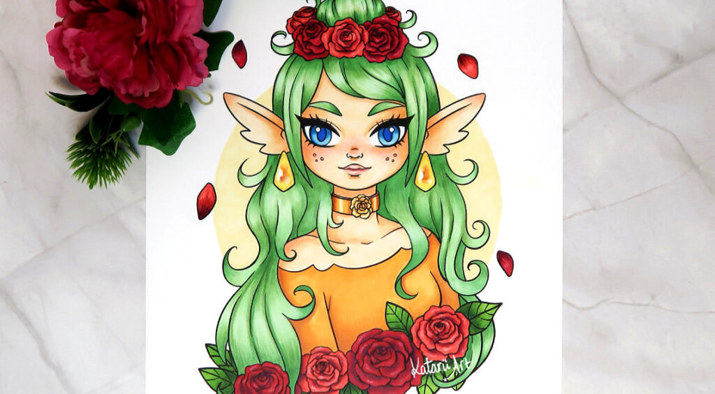 Cute elf coloring page that has been colored with markers and colored pencils.