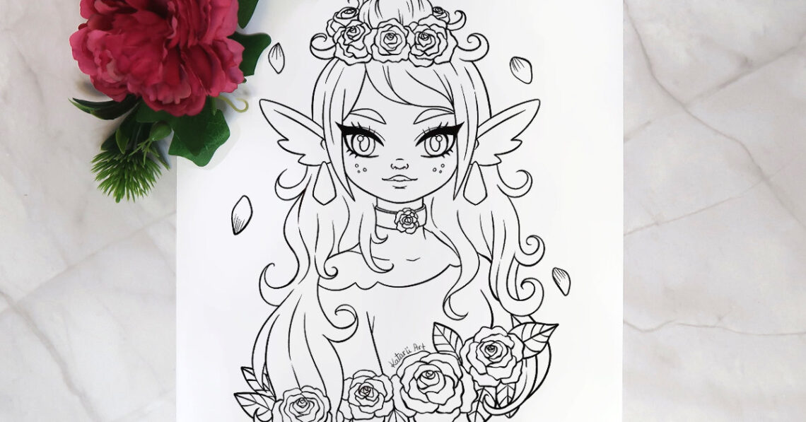 Fantasy coloring page featuring a cute elf girl and roses.