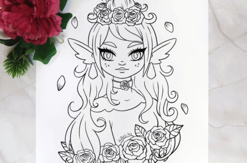 Fantasy coloring page featuring a cute elf girl and roses.