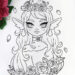 Fantasy coloring page featuring a cute elf girl and roses.