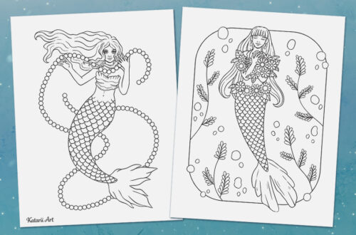 Two mermaid coloring pages.