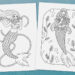 Two mermaid coloring pages.