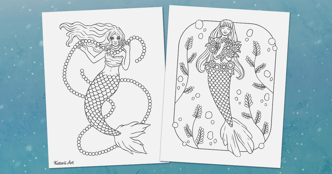 Two mermaid coloring pages.