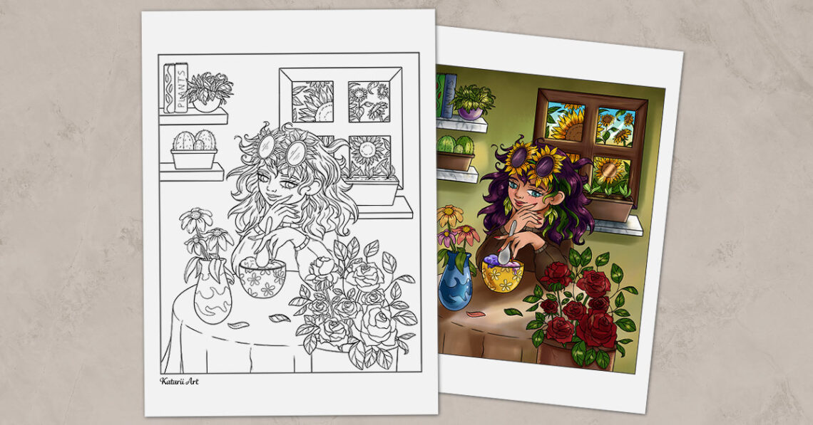 Coloring page featuring a girl sitting at the table eating ice cream and admiring her plant and flower collection.