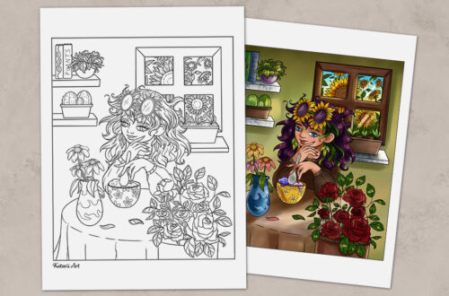 Coloring page featuring a girl sitting at the table eating ice cream and admiring her plant and flower collection.