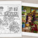 Coloring page featuring a girl sitting at the table eating ice cream and admiring her plant and flower collection.