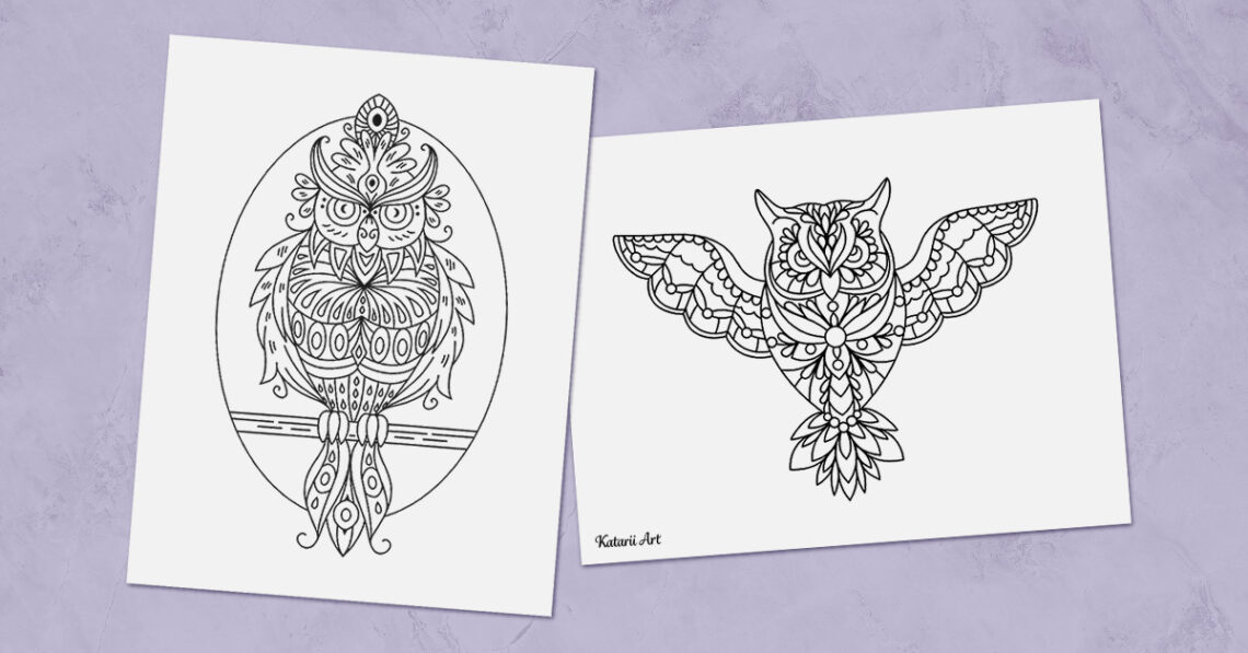 Two symmetrical owl coloring pages side by side.
