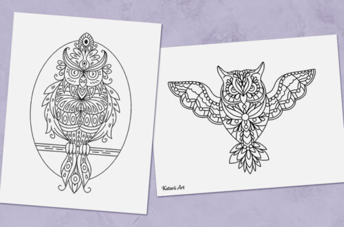 Two symmetrical owl coloring pages side by side.