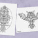 Two symmetrical owl coloring pages side by side.