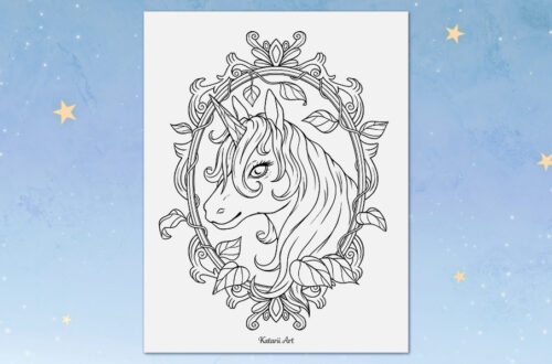 Coloring page preview featuring a unicorn and a mirror frame that is wrapped in leaves and vines.