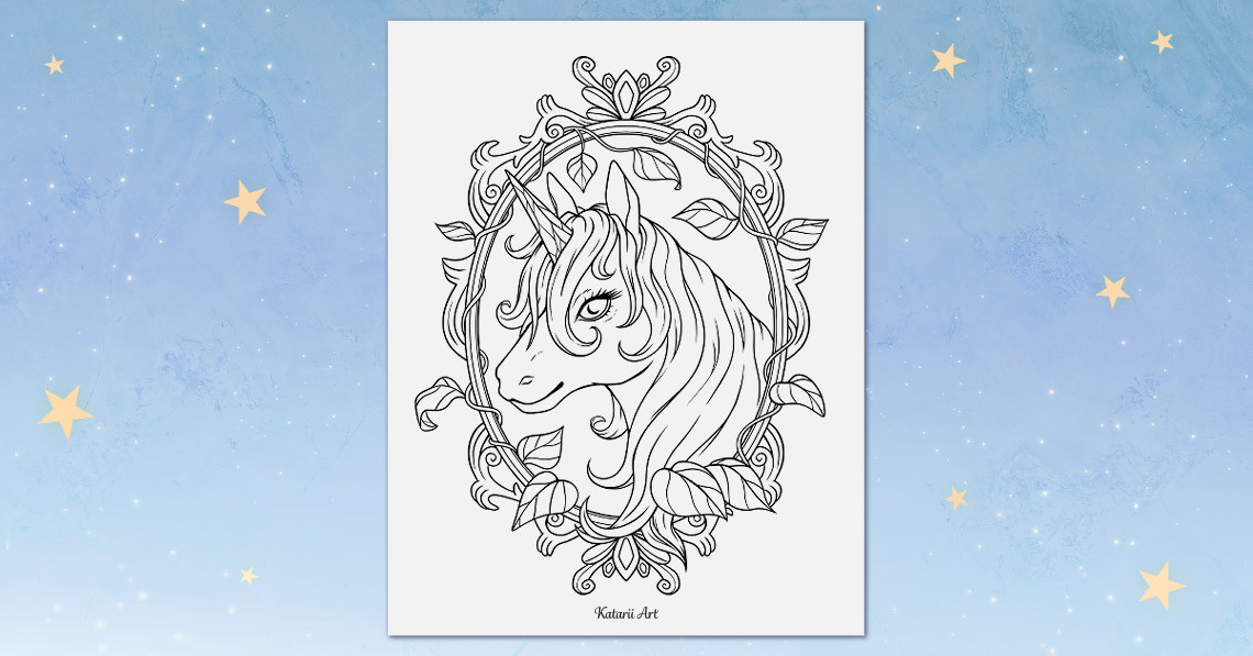 Coloring page preview featuring a unicorn and a mirror frame that is wrapped in leaves and vines.