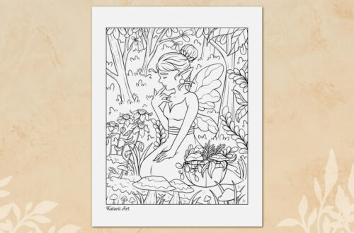 Fantasy coloring page featuring a fairy that is gathering plants in a forest.