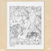 Fantasy coloring page featuring a fairy that is gathering plants in a forest.