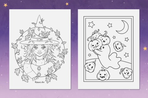 Two Halloween-themed coloring pages featuring a witch wearing skull earrings and a ghost carrying pumpkins.