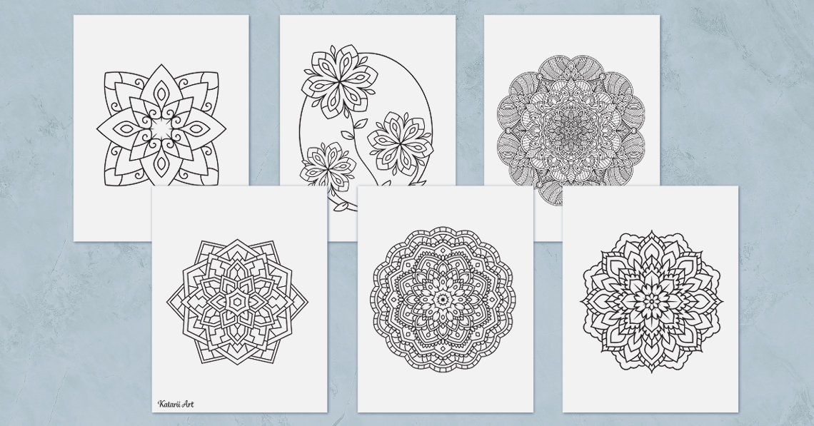 Six different mandala coloring pages including easy and more complicated mandala designs.