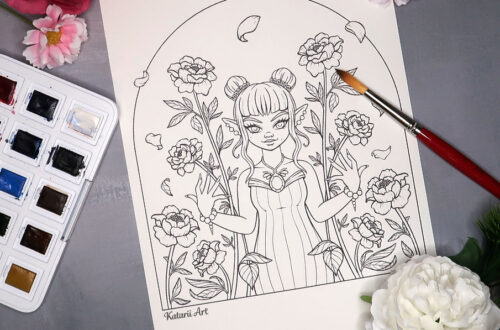 Coloring page, watercolor supplies, and flowers on a table. The coloring page features an elf surrounded by peonies.