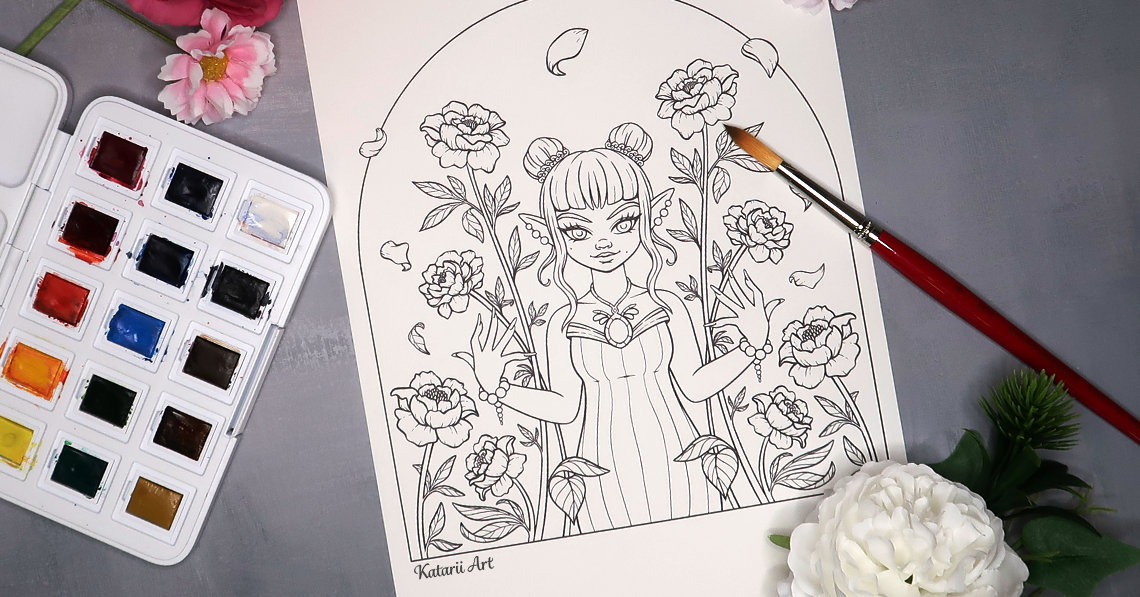 Coloring page, watercolor supplies, and flowers on a table. The coloring page features an elf surrounded by peonies.