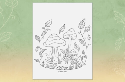 Autumn fantasy coloring page that features a small fairy, mushrooms and leaves.