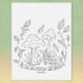 Autumn fantasy coloring page that features a small fairy, mushrooms and leaves.
