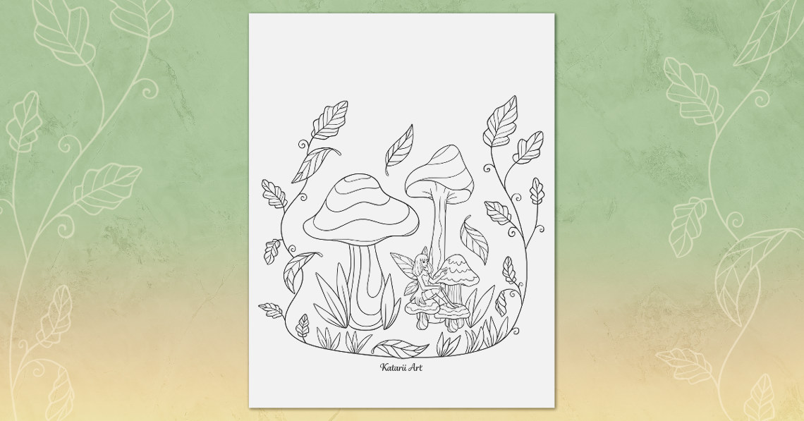 Autumn fantasy coloring page that features a small fairy, mushrooms and leaves.