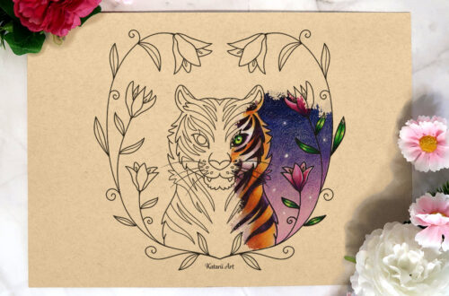 Half-colored tiger coloring page on a table.
