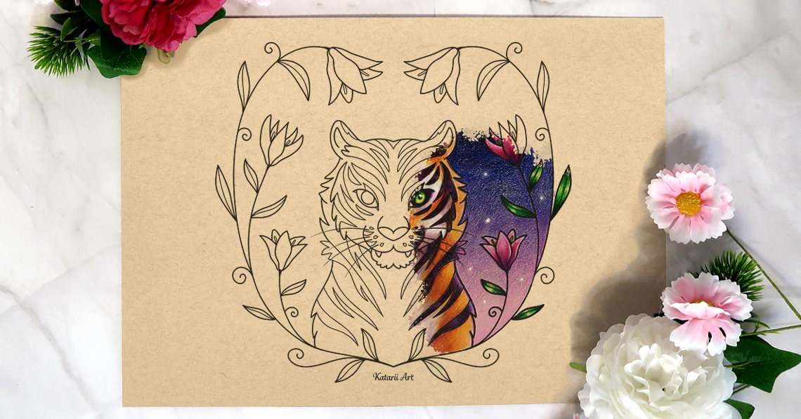 Tiger and Lilies – Free Printable Tiger Coloring Page